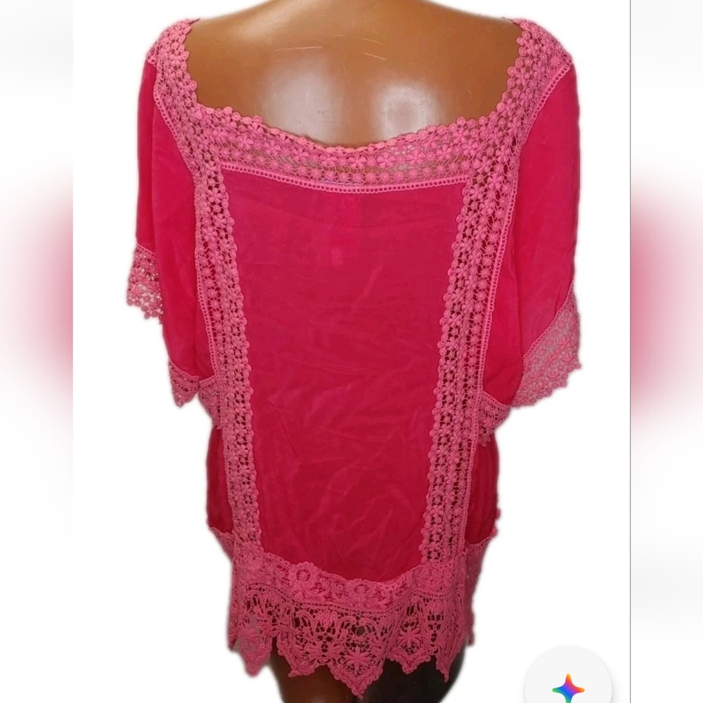 Johnny Was Boho Crochet Lace Georgette Top Woman XXL Crinkle Barbie Pink Coastal - Picture 4 of 15